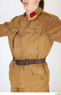  Photos Woman in Army Explorer suit 1 19th century Army brown jacket historical clothing leather belt upper body 0003.jpg